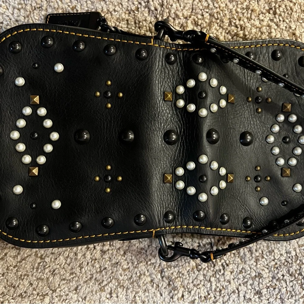 Coach VINTAGE Black Leather Crossbody Bag with Studs and‎ Pearls